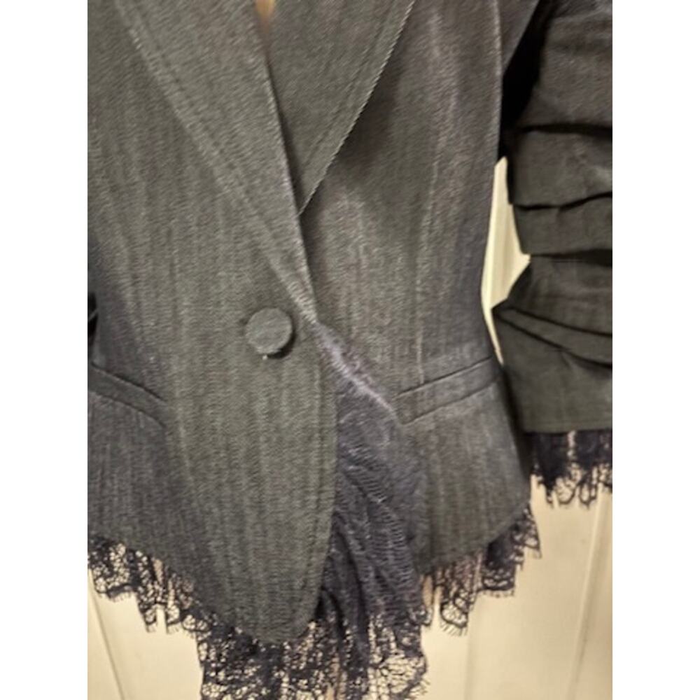 Cinq a Sept Denim Blazer Jacket Blue Lace Trim Ruched Sleeve Size 8 - Picture 4 of 10